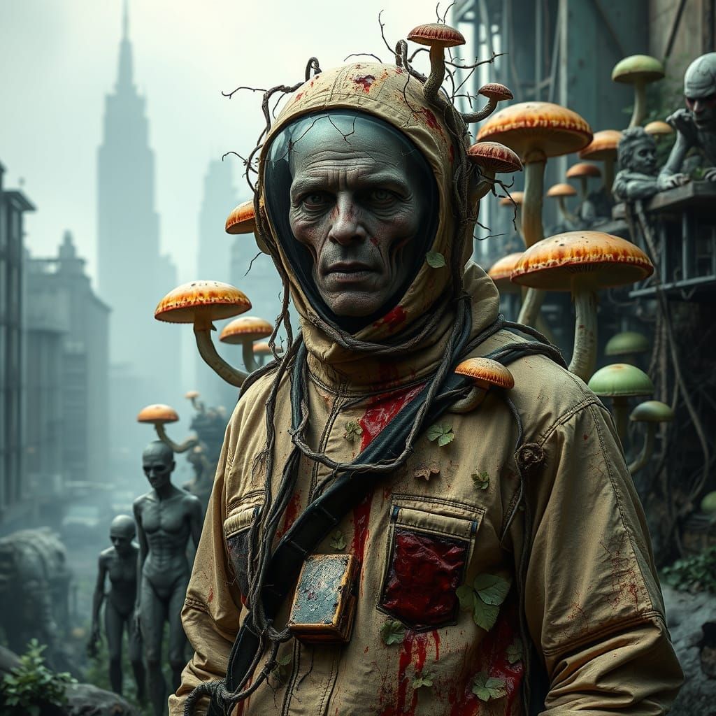 Human Consumed by Nature in a Post-Apocalyptic Wasteland