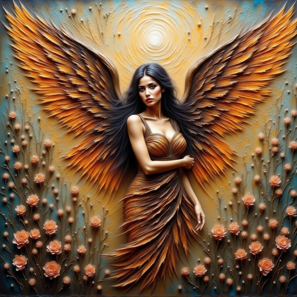 Abstract Angel Painting With Majestic Wings and Botanicals