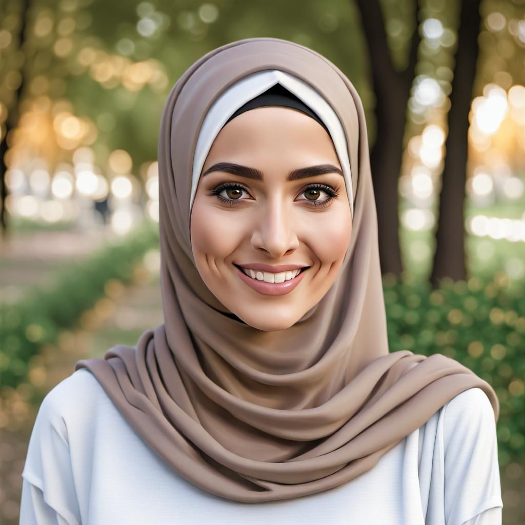 Hijabi Woman Portrait in Park, Realistic Style