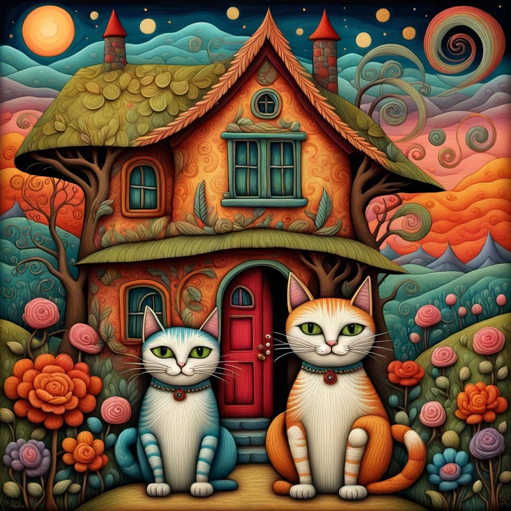 Whimsical Cats at Cottage in Folk Art Style