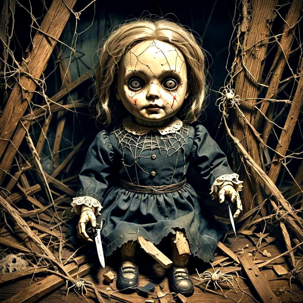 Creepy Doll in Spiderwebs Holding Knife