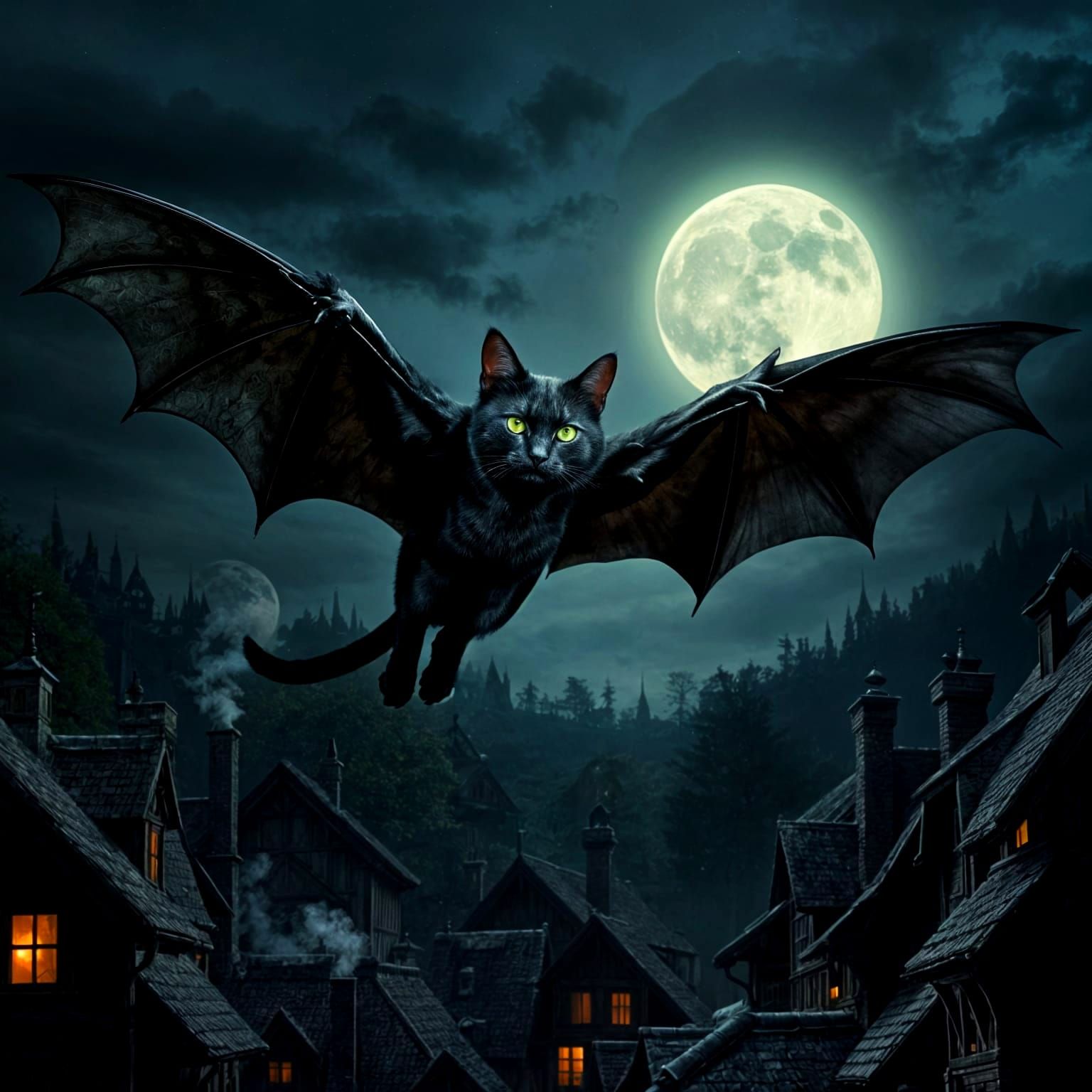Ethereal Black Cat Spreads Bat-Wings Under Full Moon