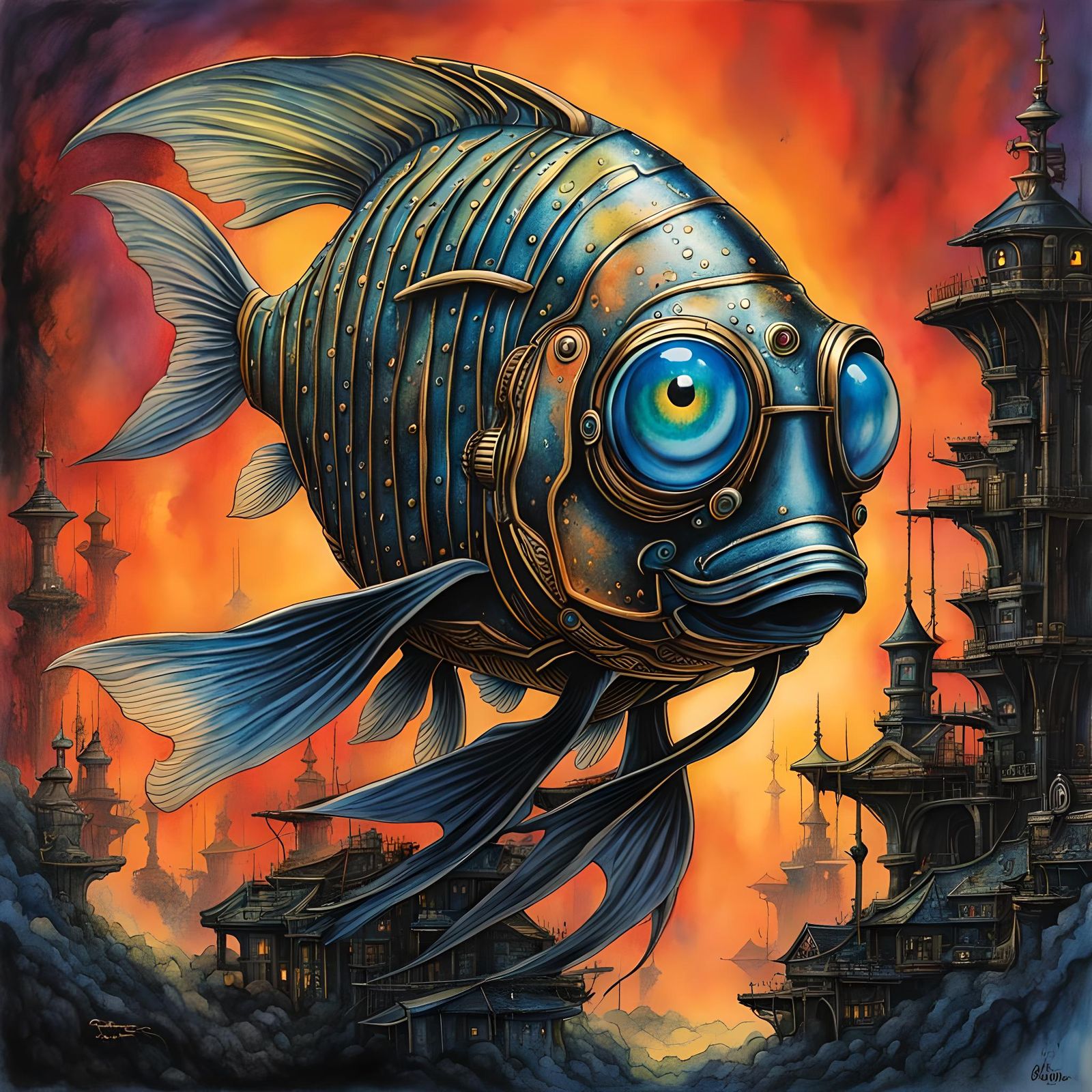 Cyborg Goldfish in Aetherpunk Comic Style