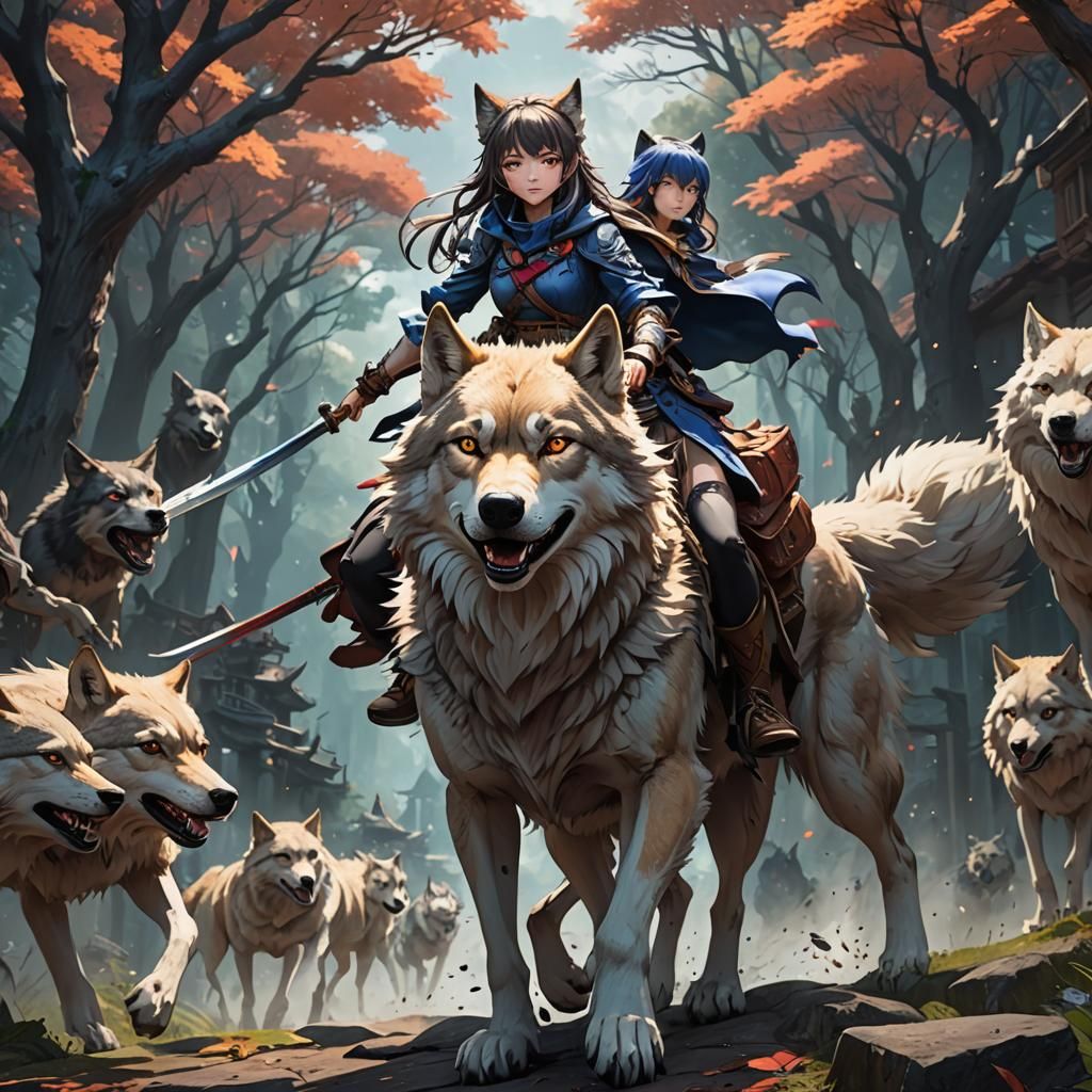 Anime Girl Rides Wolf in Detailed Matte Painting