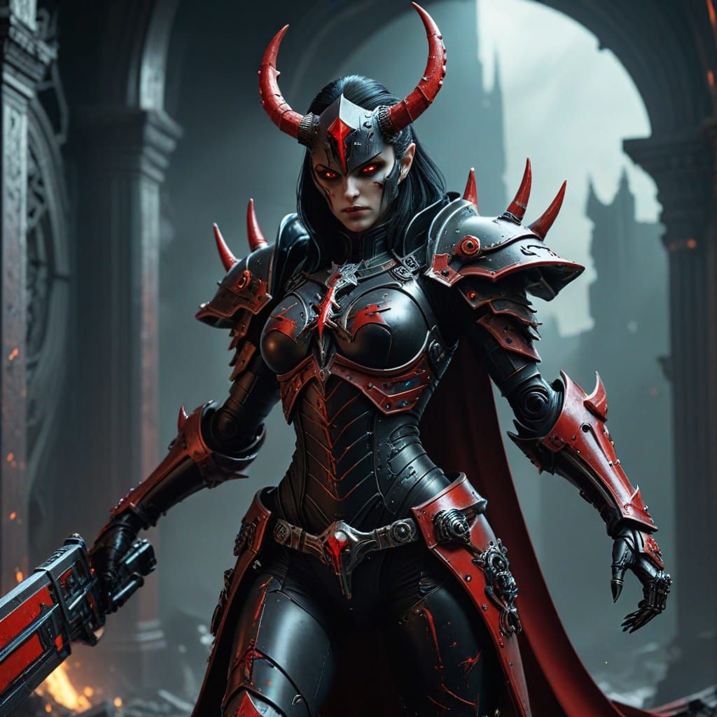 Goth Elf Battle Sister in Warhammer 40K Hellscape