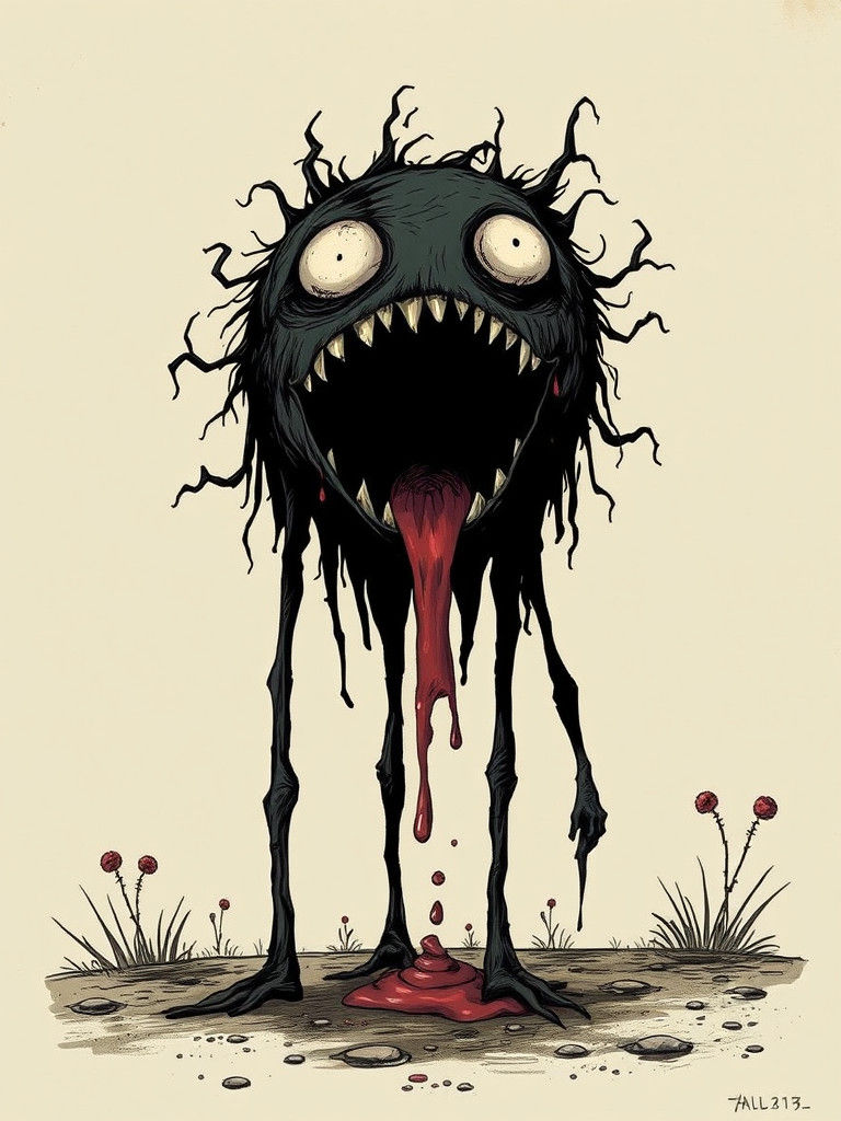 Cute, Creepy, Thirsty Character in Dark Comic Style