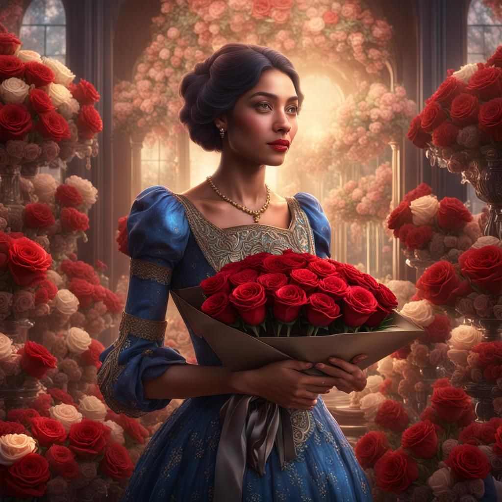 Woman Receives Roses and Chocolates: Hyperdetailed Matte Pai...