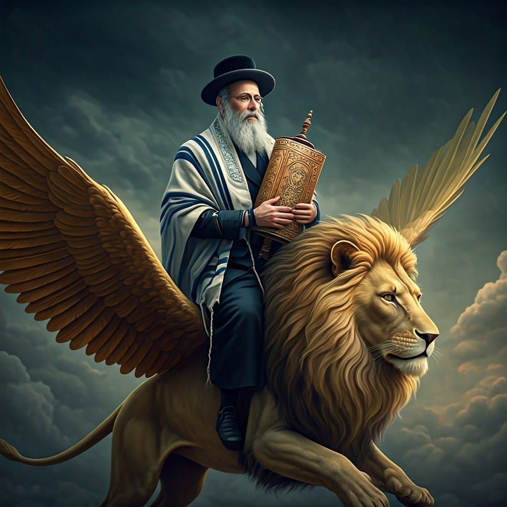 Rabbi on Golden Lion in Klimt-Miyazaki Style