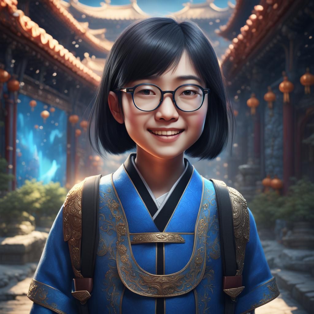 Smiling Chinese Girl in Detailed Matte Painting