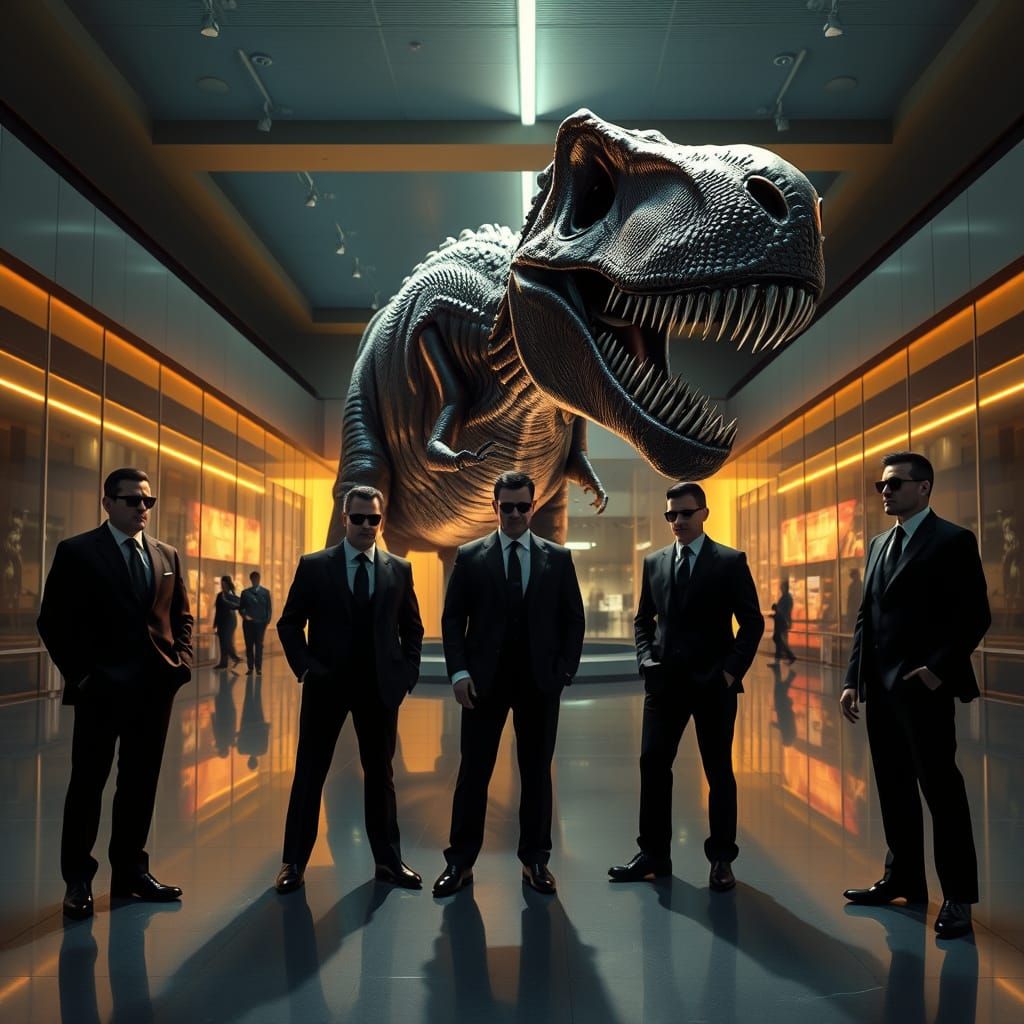 Men in Black Investigate Dinosaur Exhibit in Modern Museum