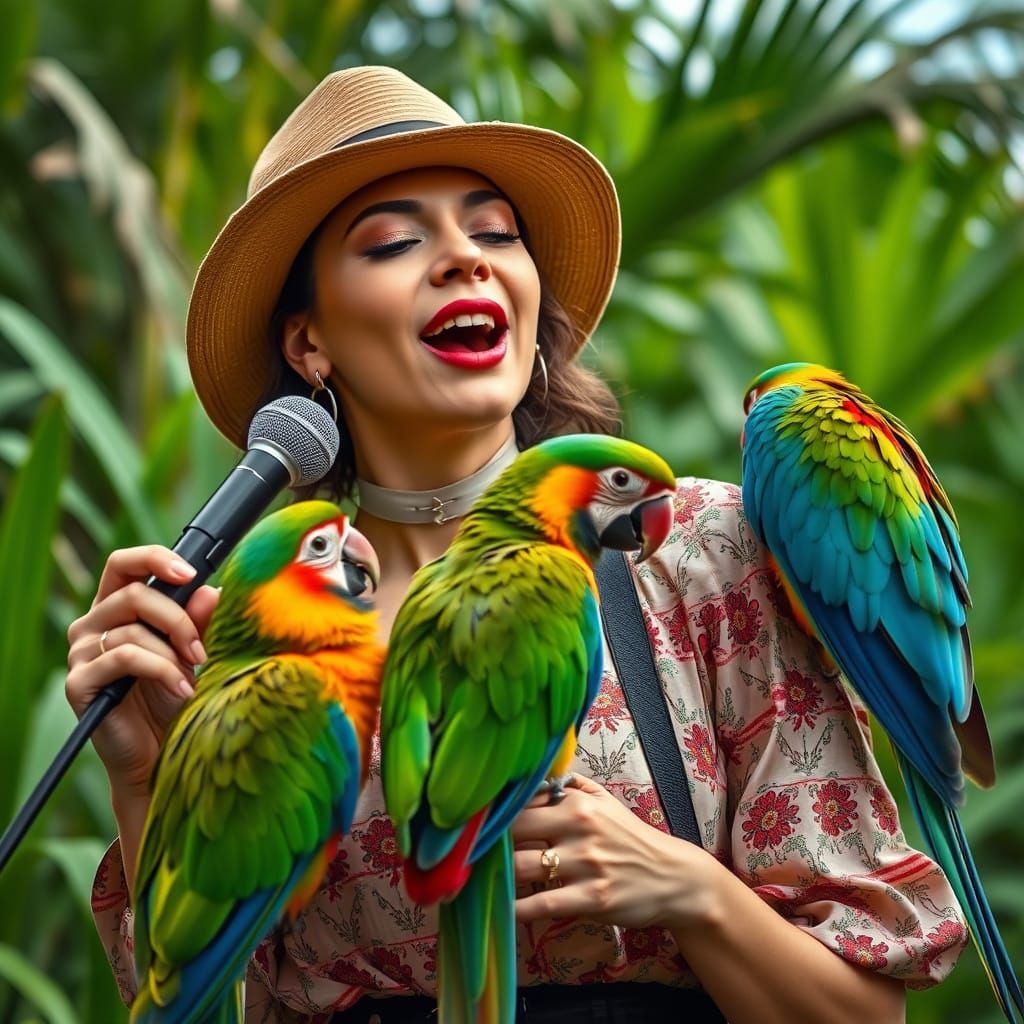 Singing Woman Surrounded by Vibrant Parrots in Hyperrealisti...
