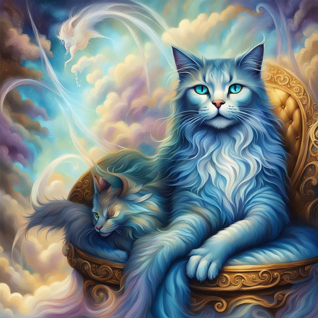 Regal Feline Goddess with Iridescent Fur and Glowing Blue Ey...