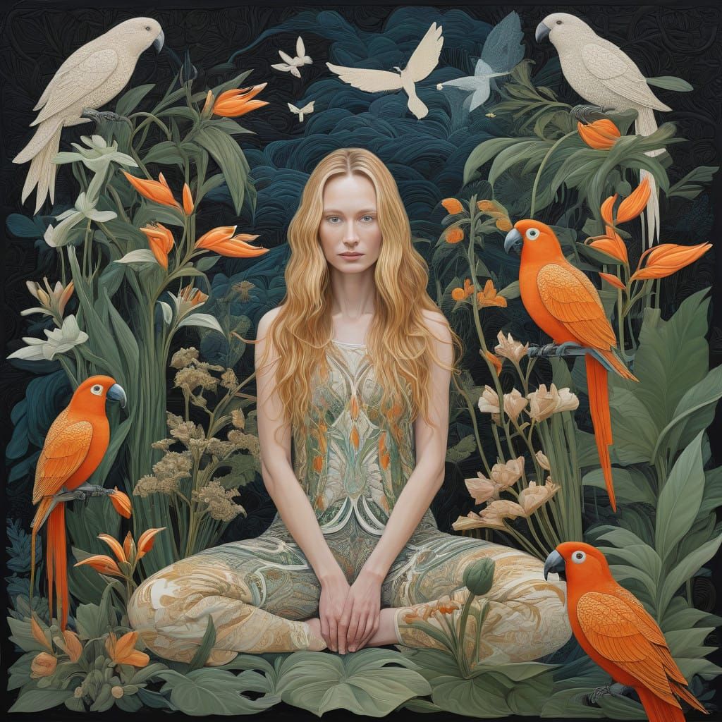 Serene Woman in Nature, Amidst Fritillaria Plants and Irides...