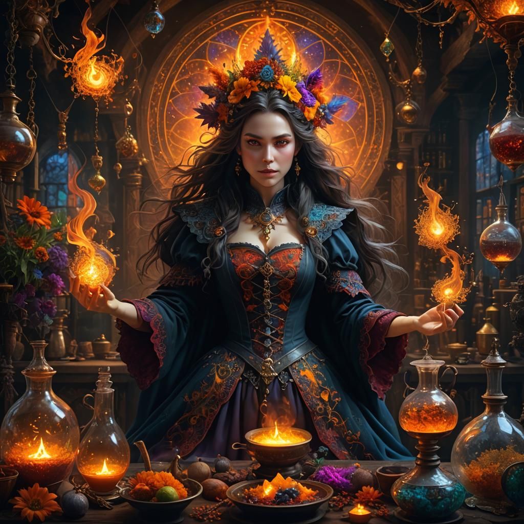 medieval alchemist witch who works in her laboratory