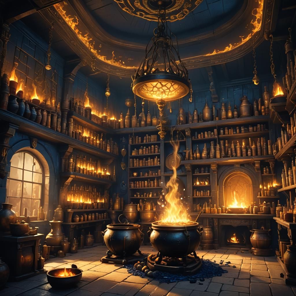 Fantasy Potion Room with Cauldron, Detailed Concept Art