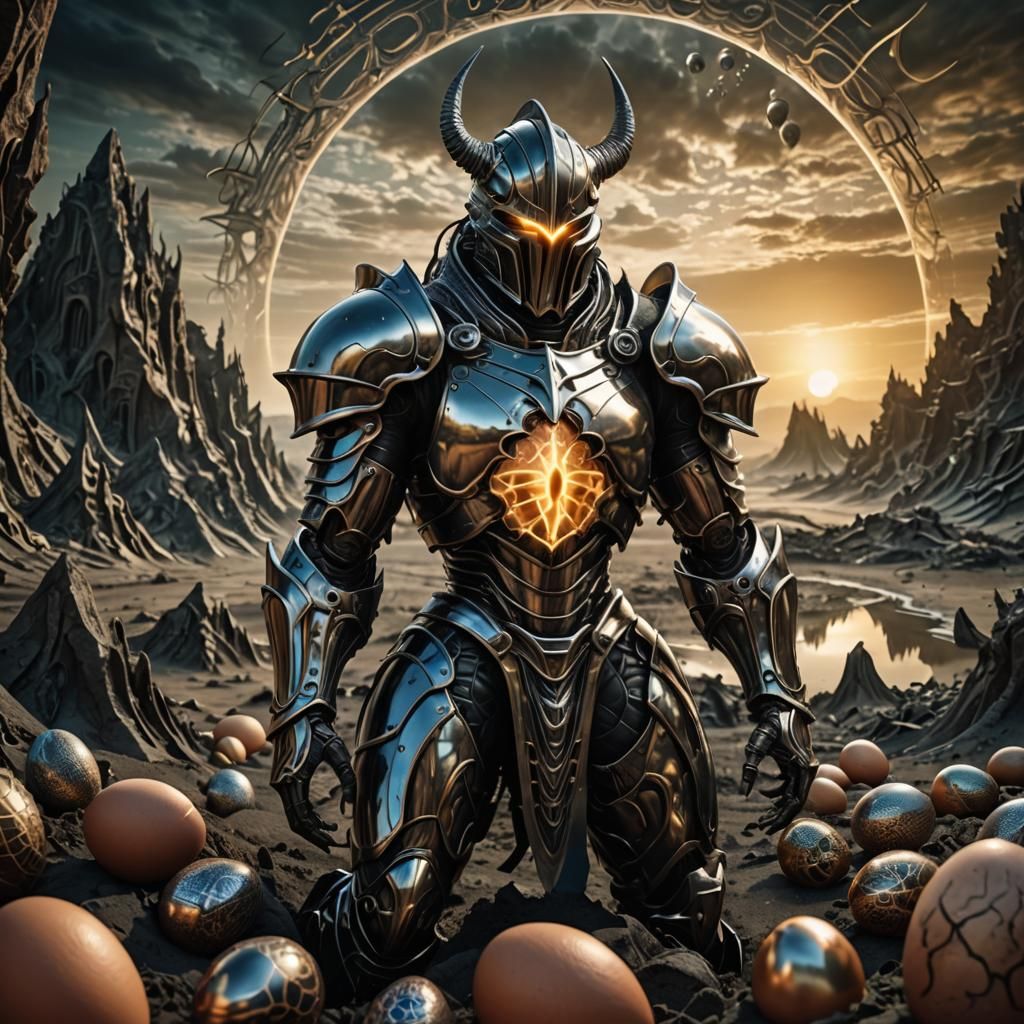 Surreal Giger Knight Hatching in Chromatic Fractalia