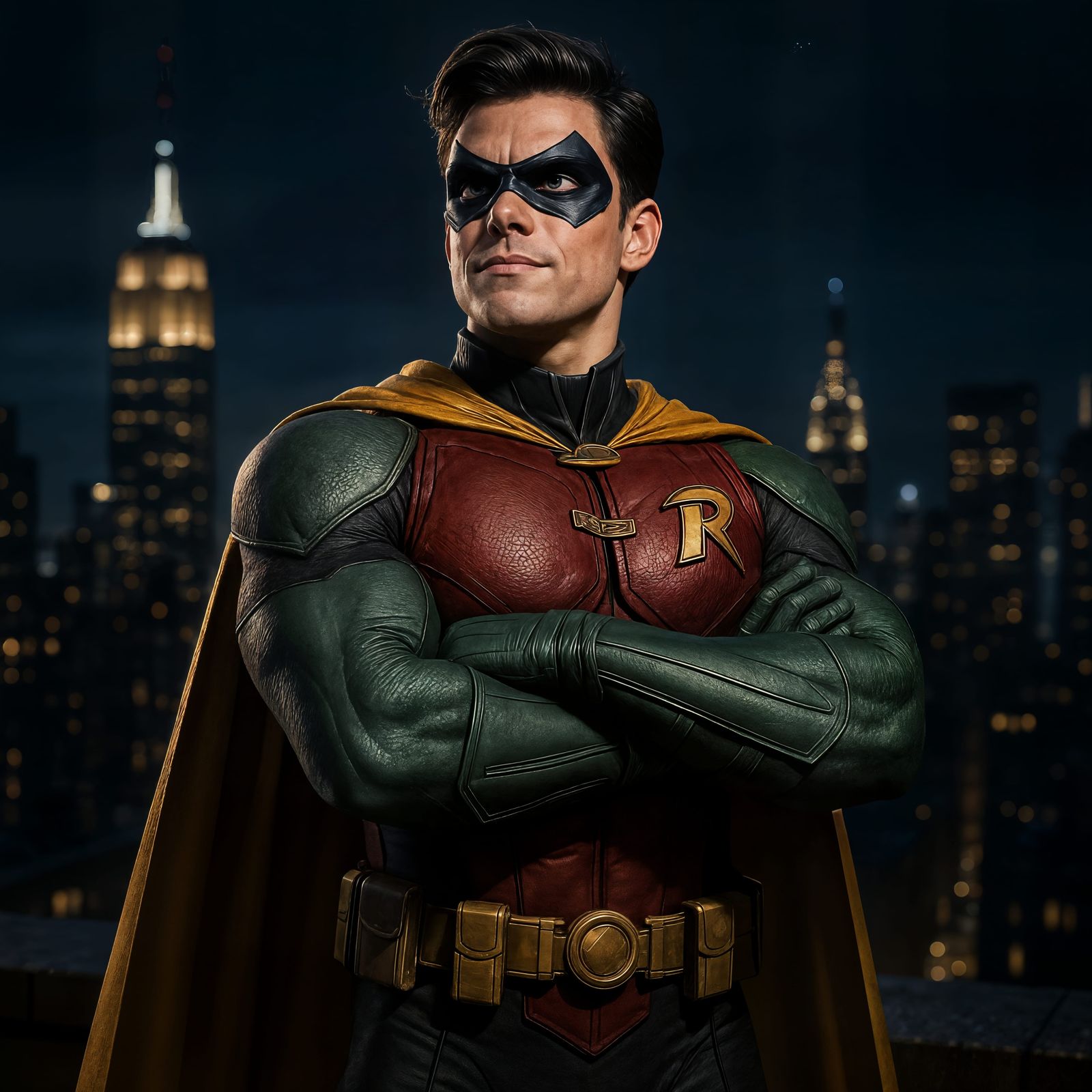 CGI Superhero Robin Proudly Surveys City