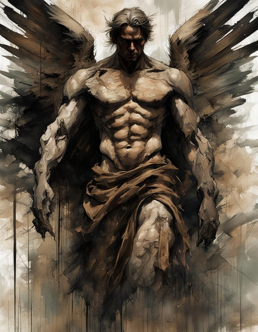 Dramatic Crosshatch Angel in Dystopian Landscape