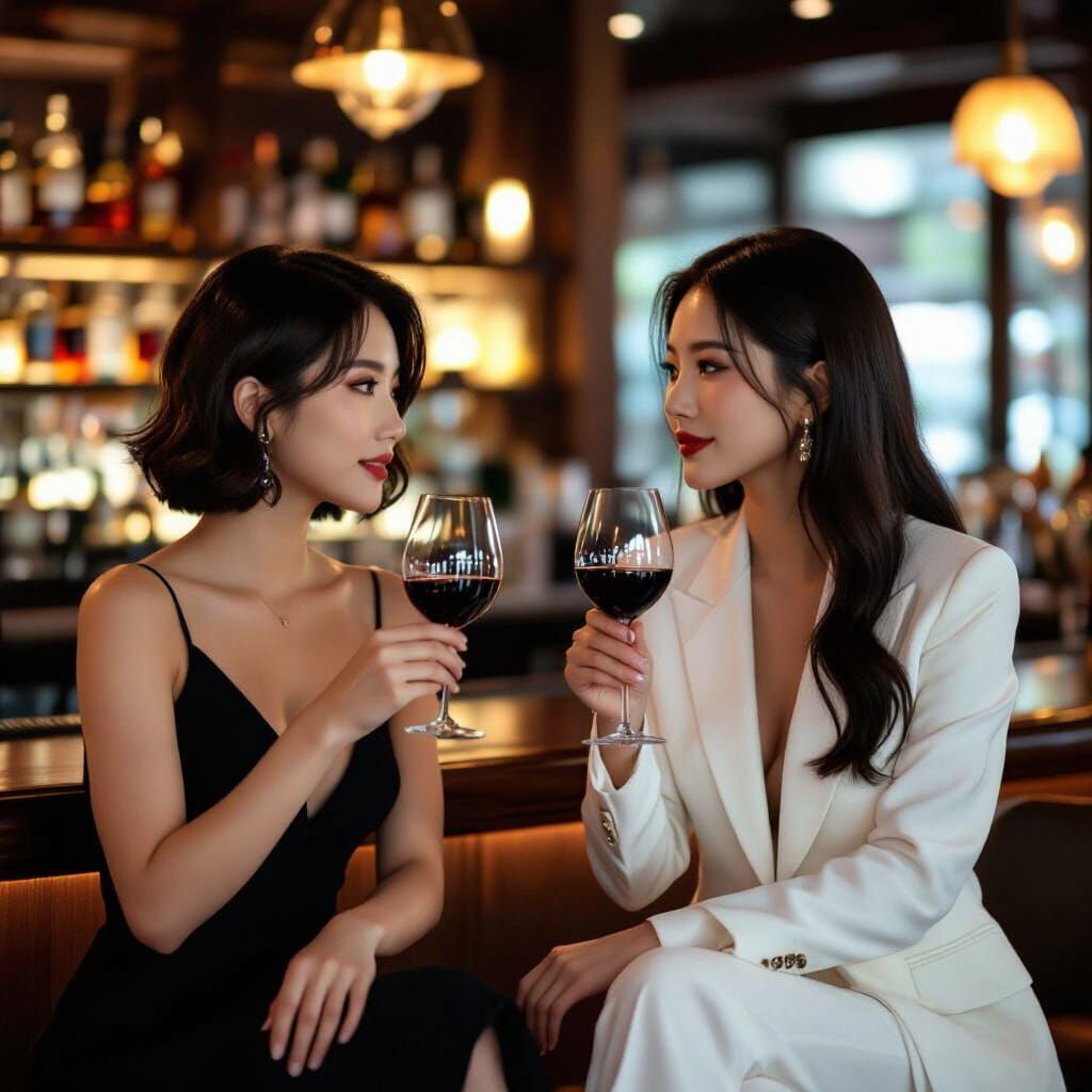 Elegant Korean Women Enjoy Wine at a Chic Bar