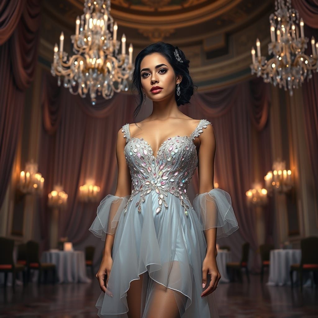 Woman in Ethereal Ballgown, Whimsical Ballroom Setting