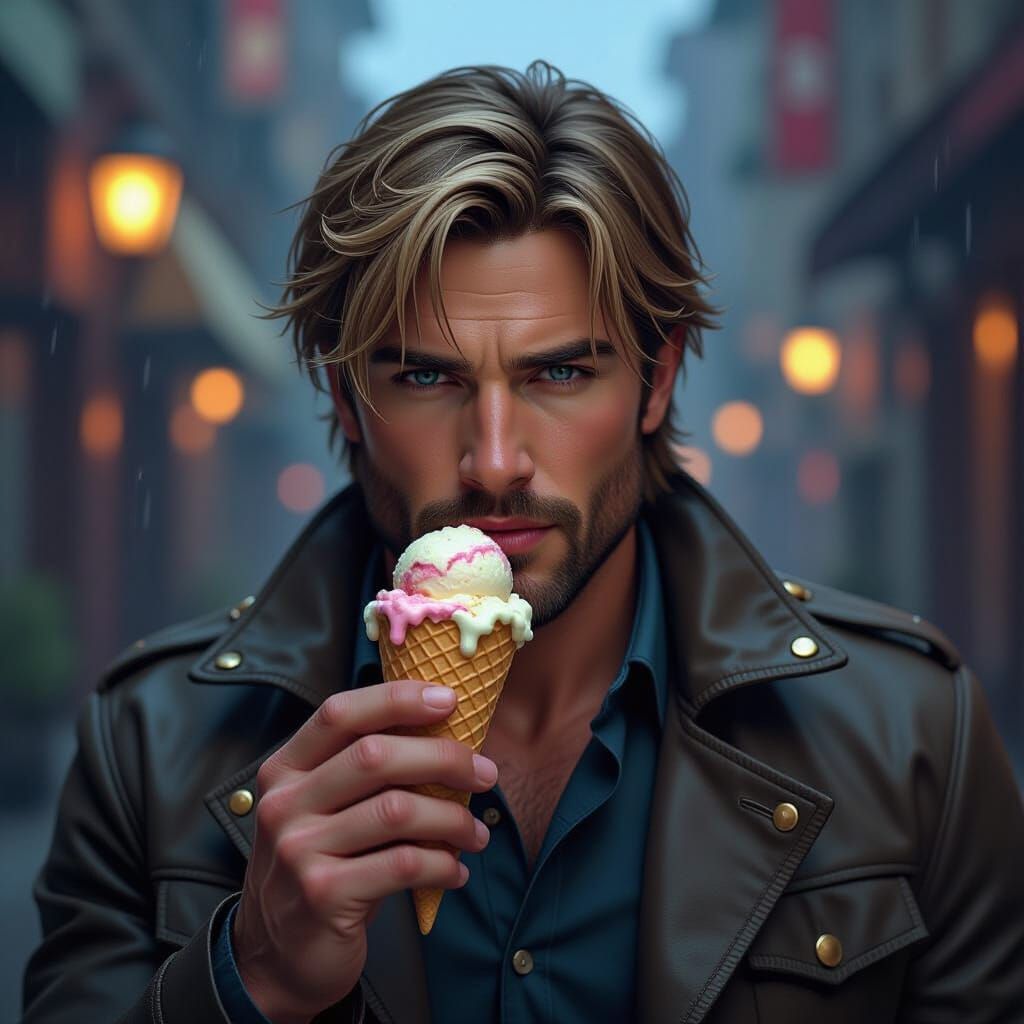 Leon Kennedy Eating Ice Cream in Dramatic Painterly Style