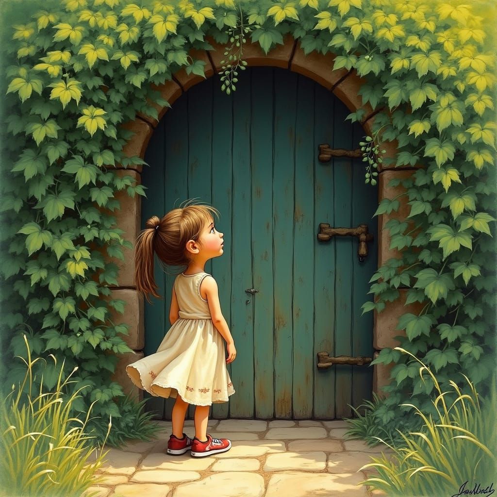 Girl Gazing at Door Hidden by Bush as Gouache Painting