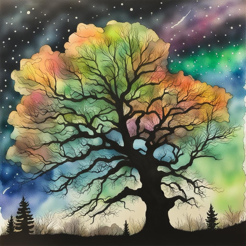 Burr Oak Tree with Northern Lights, Watercolor Style