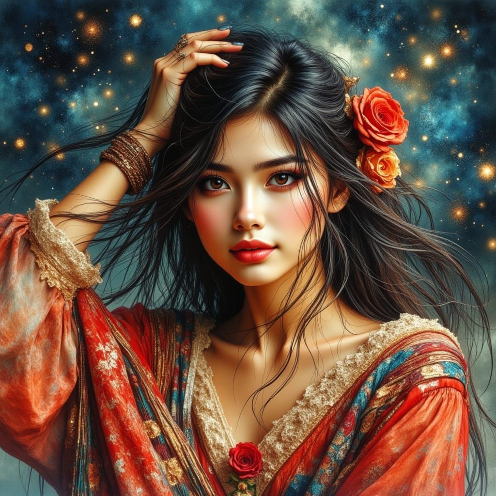 Dynamic Portrait of Woman Dancing Under Starry Sky