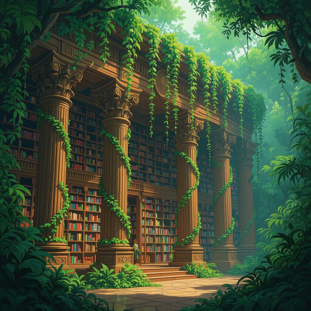 Jungle Library Inspired by Hayao Miyazaki and Syd Mead