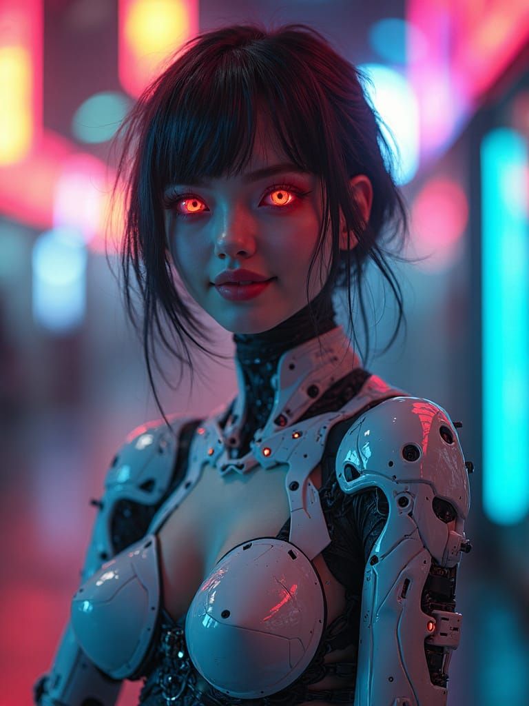 Charming Cybernetic Woman in Sci-Fi Neon City