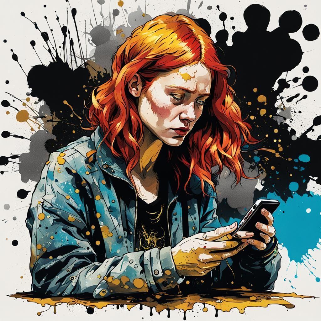 Redhead with Smartphone in Surrealist Style