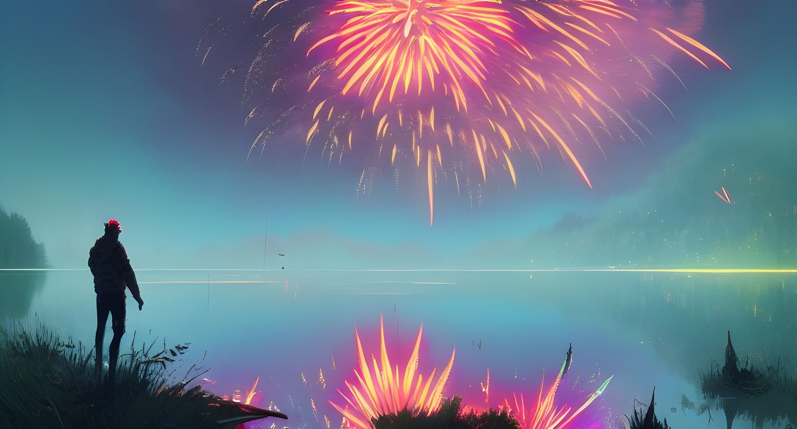 Fireworks Over Lake: Digital Illustration