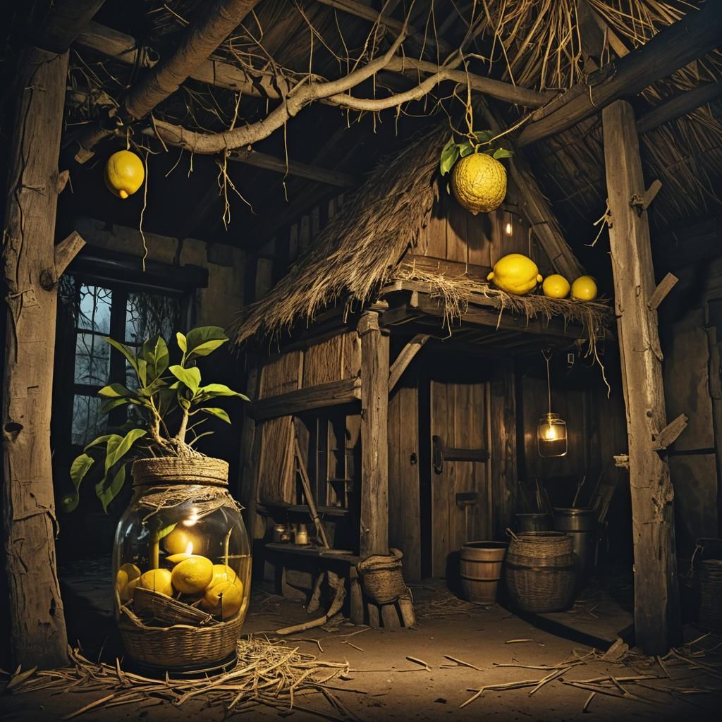 Sinister Dark Fantasy Hut with Giant Lemon