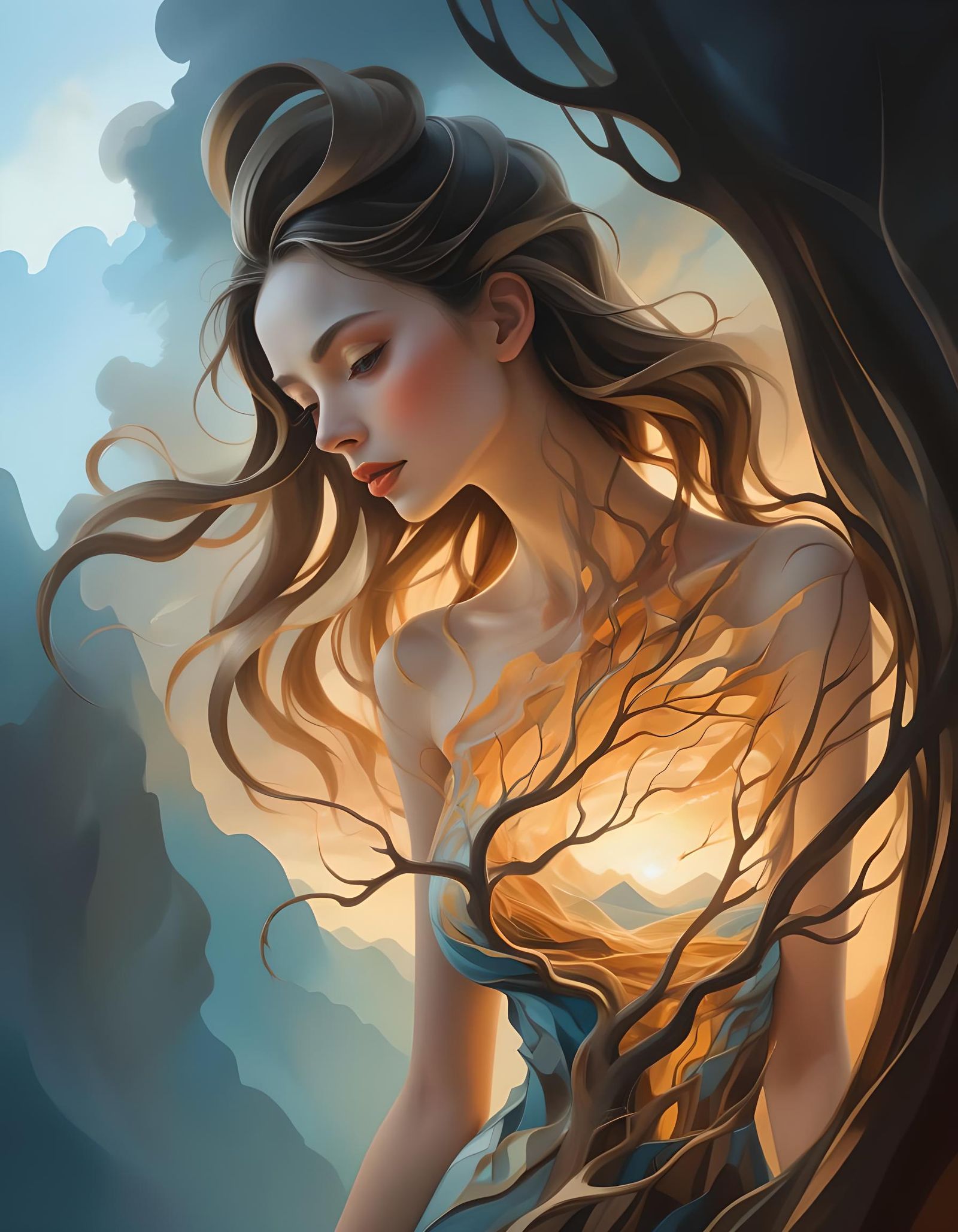 Surreal Landscape with Alluring Woman in Cubist Style