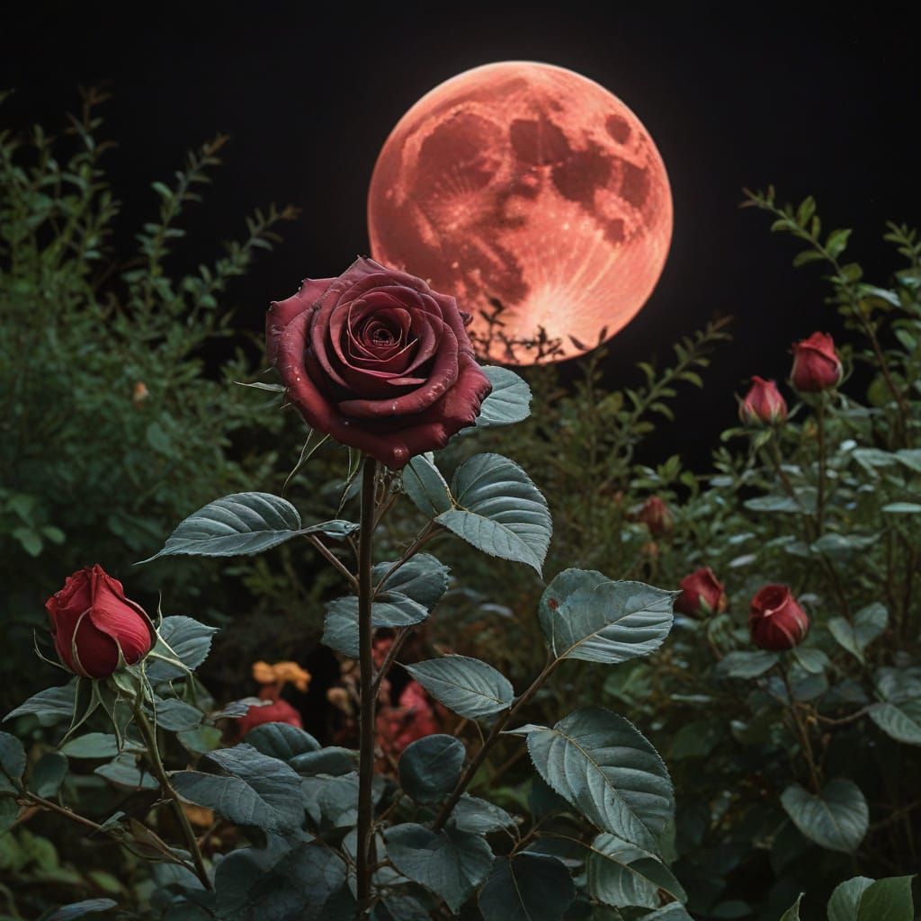 Giant Black Rose Burns Under Blood Moon In Magical Garden