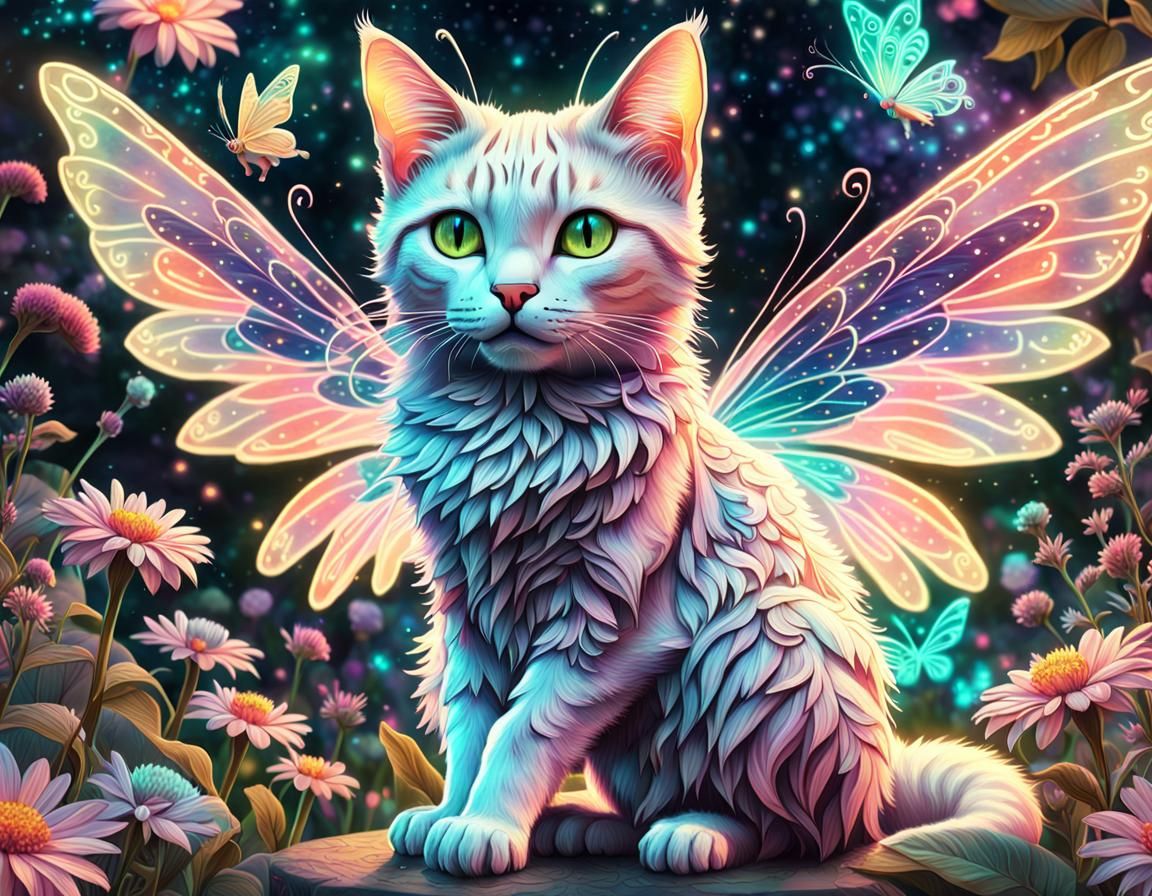 Tabaxi Fairy with Neon Wings in Cosmic Fairycore Art