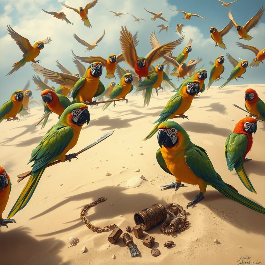 Pirate Parrots Swarm Desert Island in a Fantasy Adventure