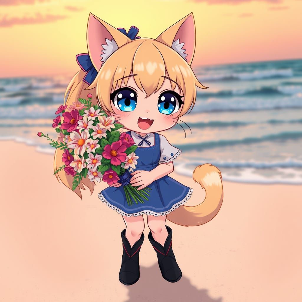 Cute Anime Catgirl on Beach in Synthwave Style