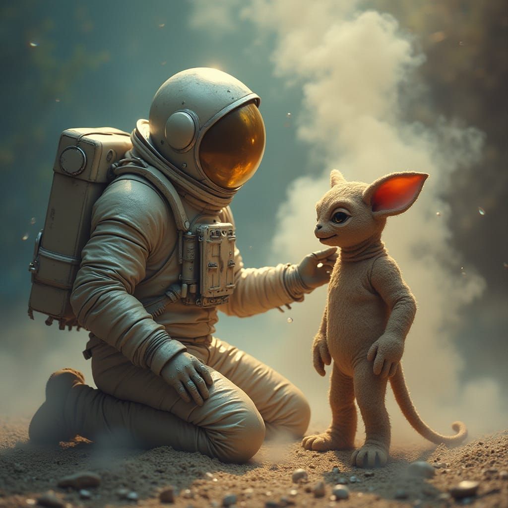 Astronaut Finds Alien Toy in Dreamlike Mist