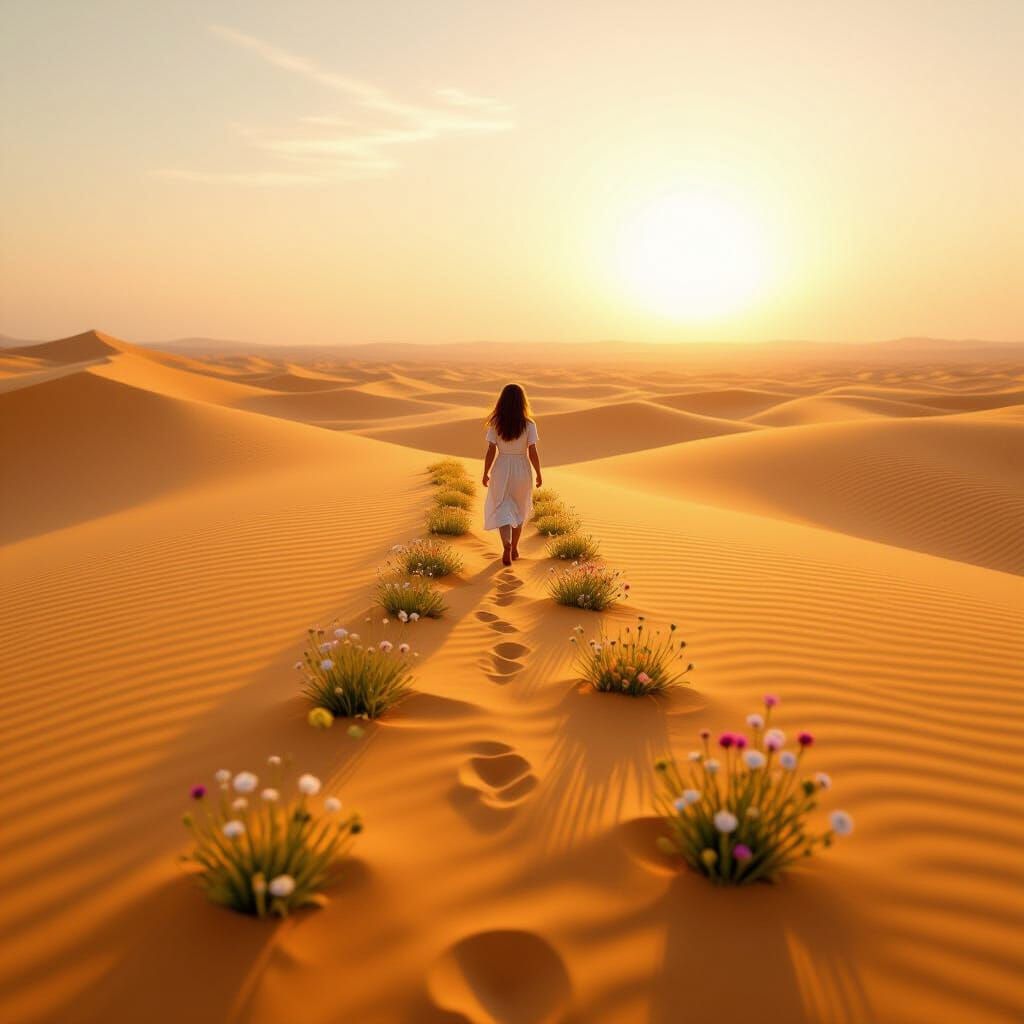 Lone Girl Brings Life to Golden Desert at Sunrise