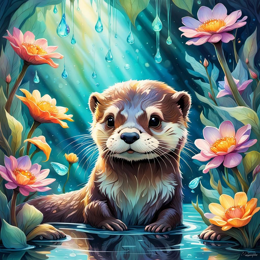 Adorable Otter in Enchanted Flower Forest, Digital Art
