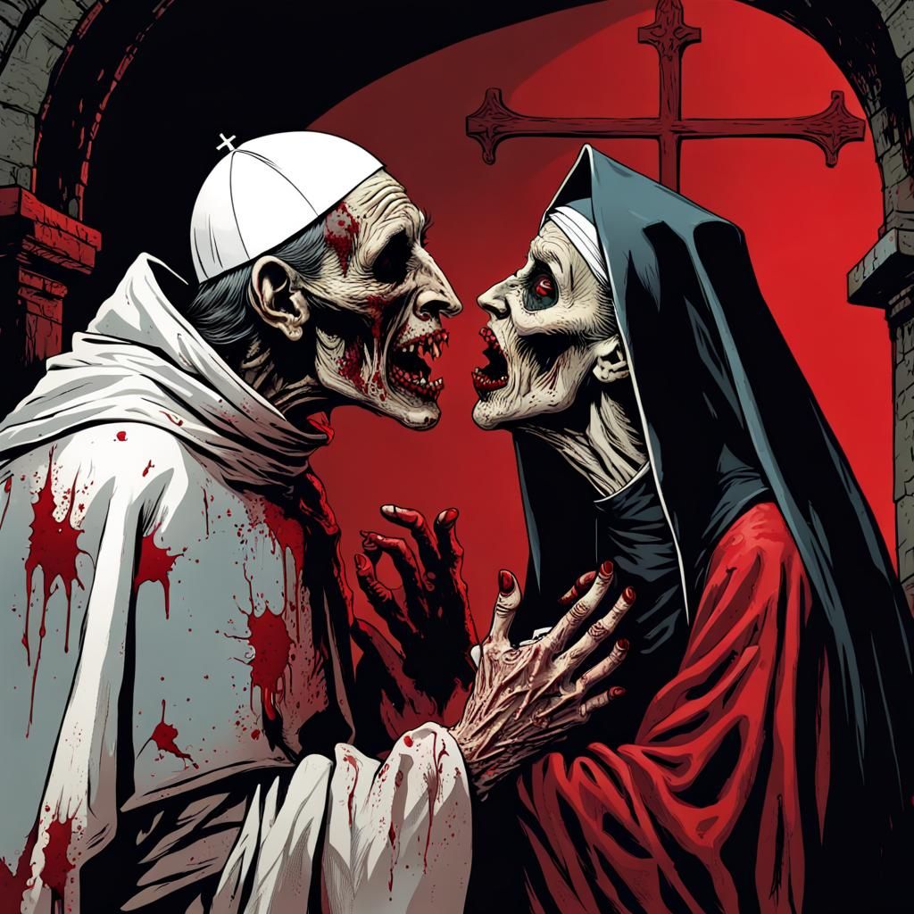 Zombie Pope's Kiss in Derelict Crypt: Horror Illustration
