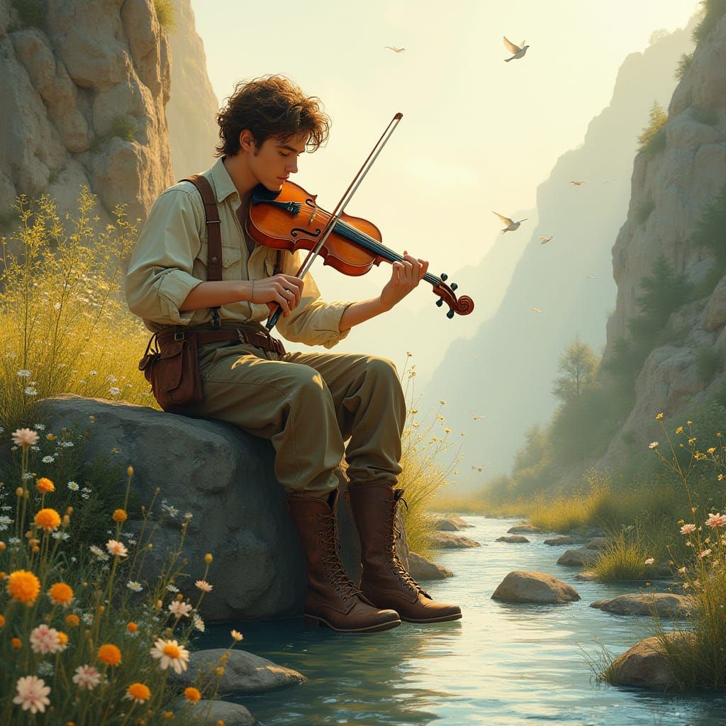 Violinist on Cliffside in Whimsical Style