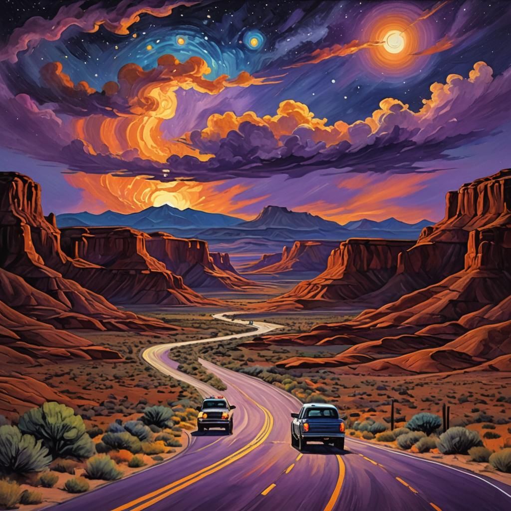 Utah Desert Night Highway: Vivid Oil Painting