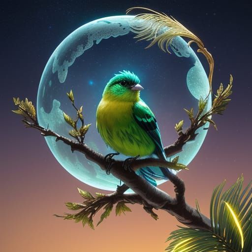 Fluffy Tanager on Art Nouveau Branch in 3D