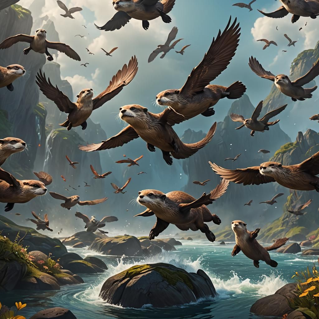 Otters flying in the space