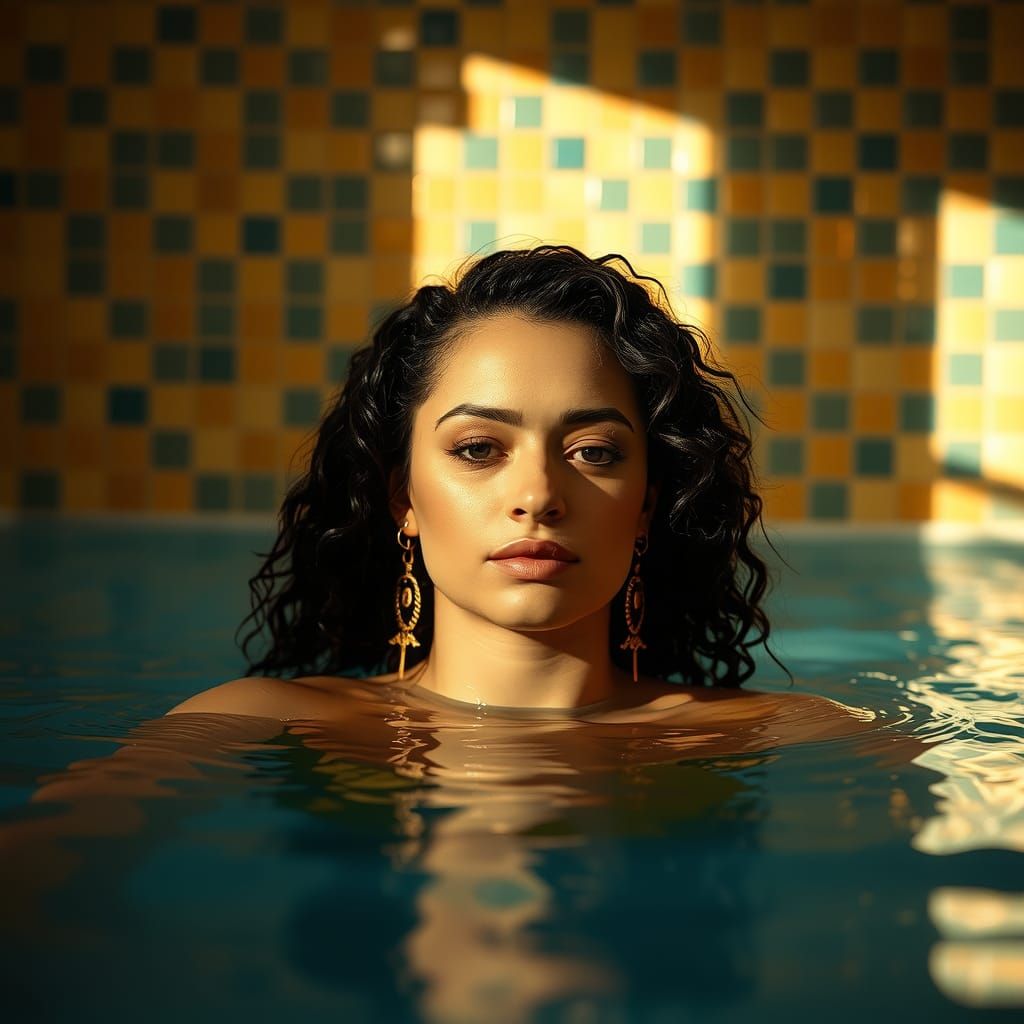 Woman in Mosaic Bath: Cinematic Film Still