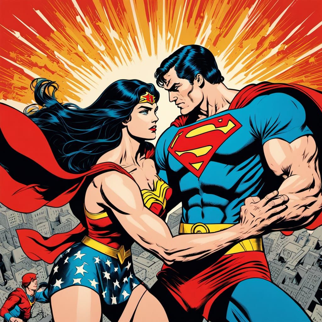 Superman and Wonder Woman in Retro Comic Art Battle