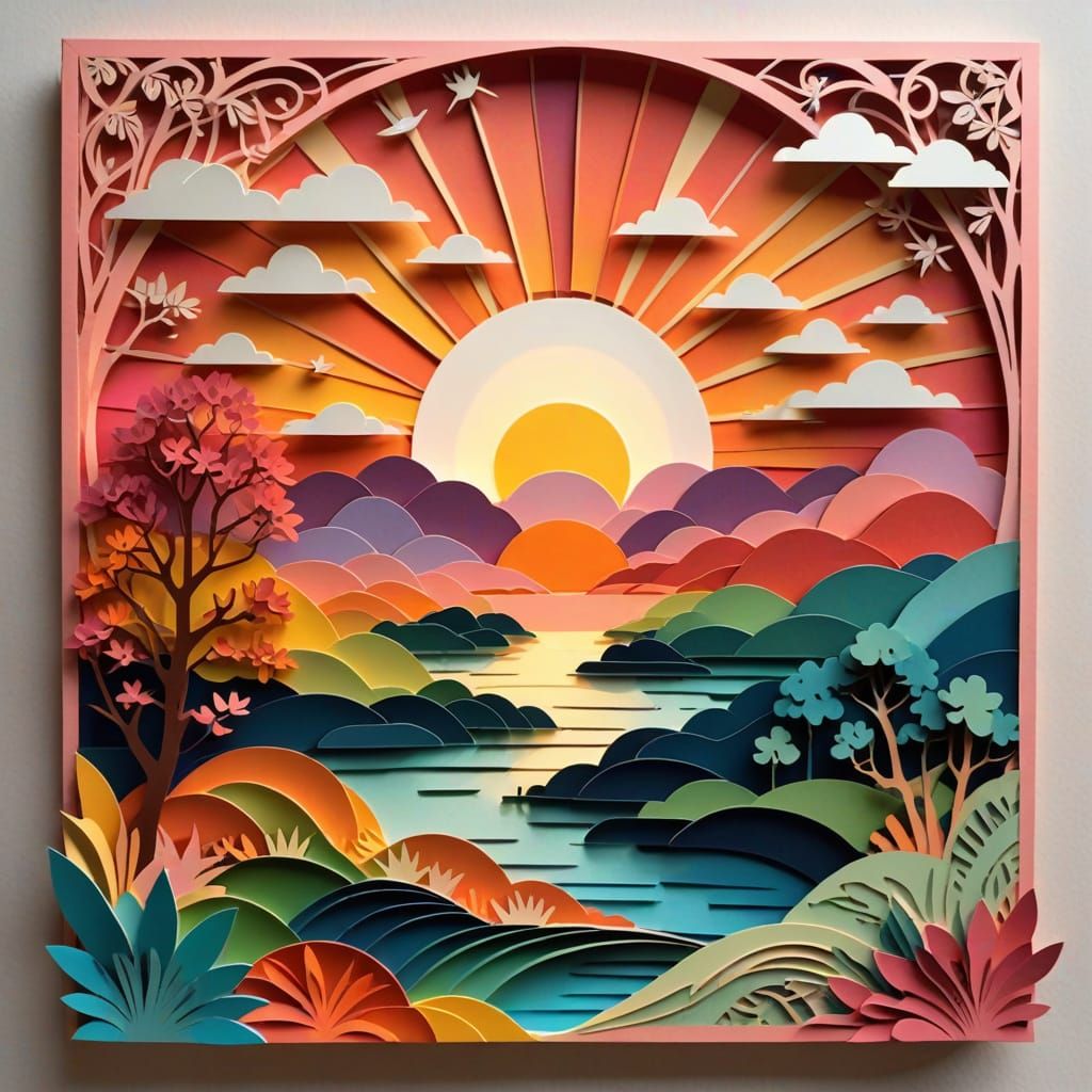 Intricate Kirigami Sunset Scene with Papercraft Details