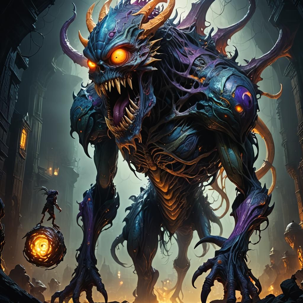 Monstrous Creature Feasting in Mystical Realm